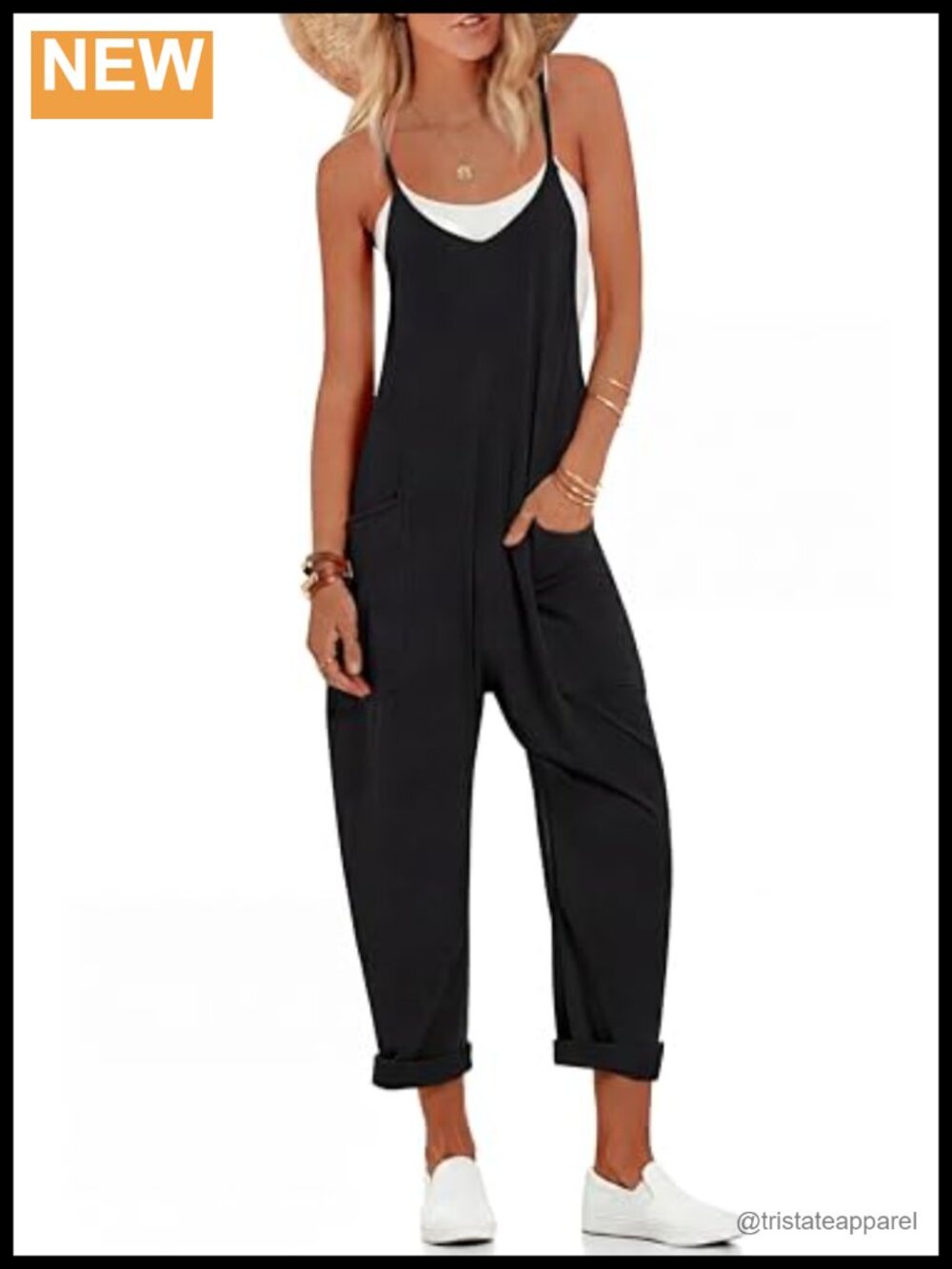 Ekouaer Sleeveless V-Neck Jumpsuit Adjustable Spaghetti Strap Pockets Loose
